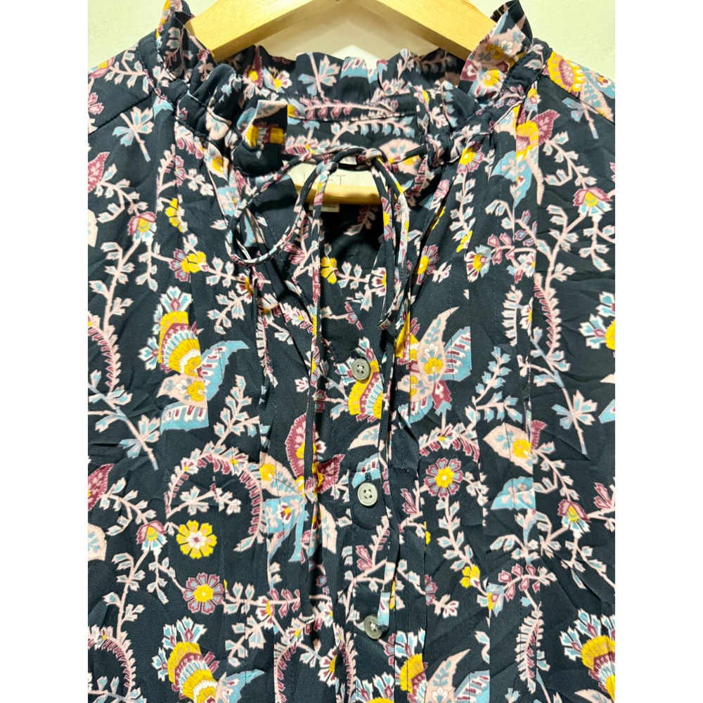 LOFT Navy Blue Floral Paisley Ruffle Neck Tie Front Blouse Long Sleeve Small - Picture 4 of 5